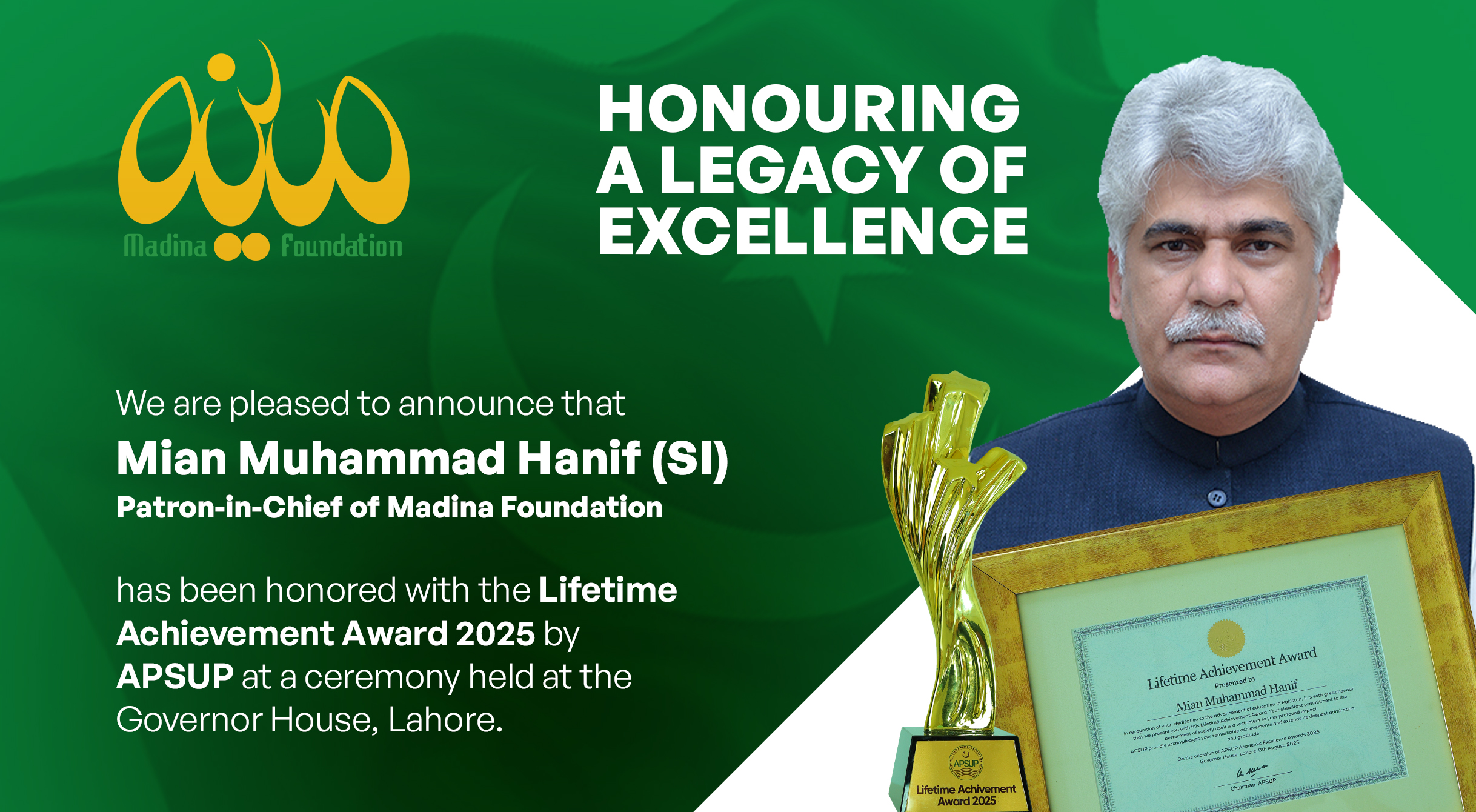 Madina Foundation’s Patron-in-Chief, Mr. Muhammad Hanif (SI), Receives Prestigious Lifetime Achievement Award